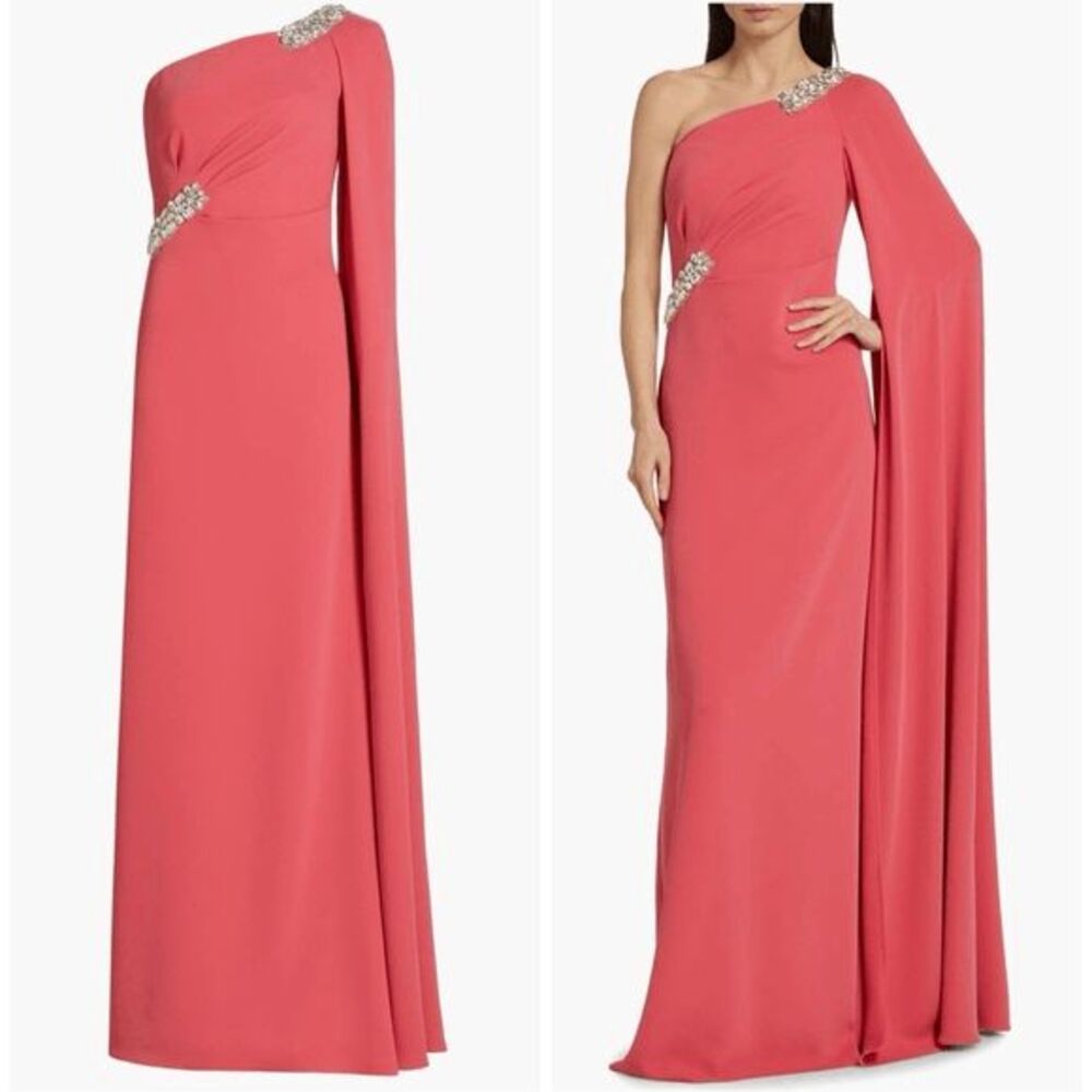 Reem Acra Embellished One shoulder draped crepe gown crystal maxi Dress in Melon